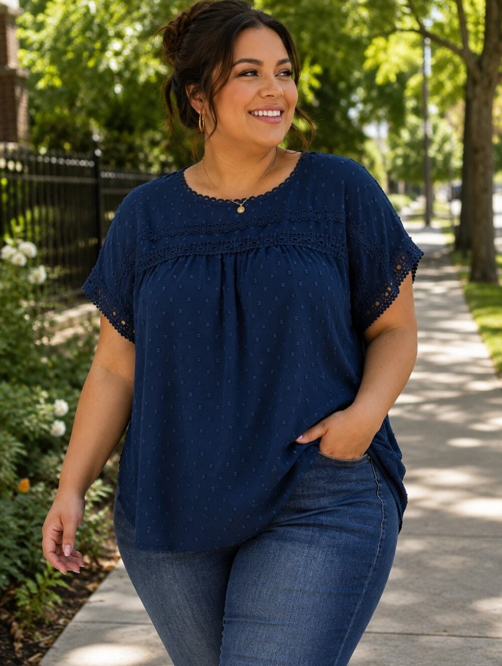 Agnes Orinda Navy Short Sleeve Swiss Dot Blouse. NWT
